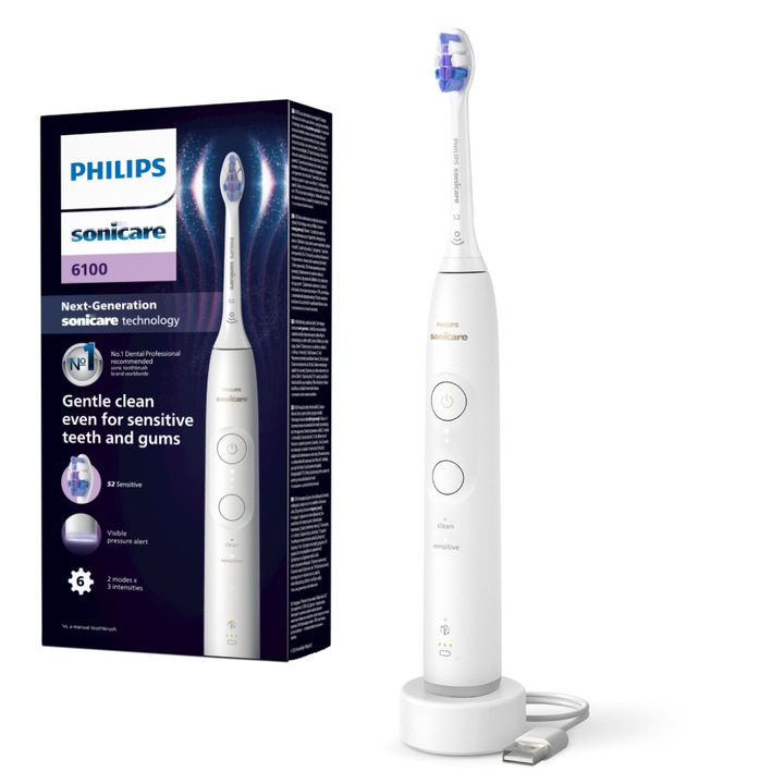 Електрическа четка за зъби Philips Sonicare HX7400/01, 62 000 движения/минута, 21-дневен живот на батерията, 2 режима на четкане, 3 интензитета, сензор за светлинен натиск, функция BrushSync, чувствителна глава на четката, бяла