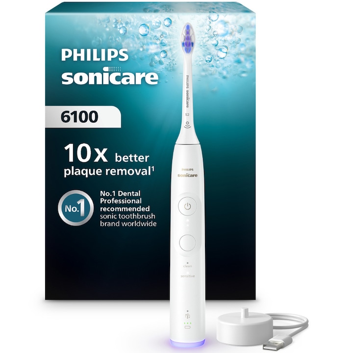 Електрическа четка за зъби Philips Sonicare HX7400/01, 62 000 движения/минута, 21-дневен живот на батерията, 2 режима на четкане, 3 интензитета, сензор за светлинен натиск, функция BrushSync, чувствителна глава на четката, бяла