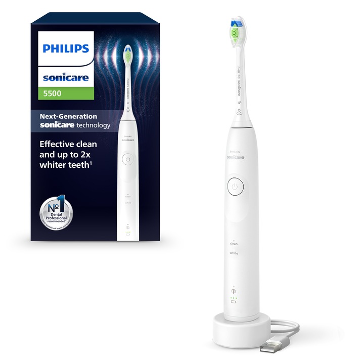 Електрическа четка за зъби Philips Sonicare HX7110/01, 62 000 движения/минута, 21-дневен живот на батерията, 2 режима на четкане, вграден сензор за натиск, функция BrushSync, глава на четката Optimal White, бяла