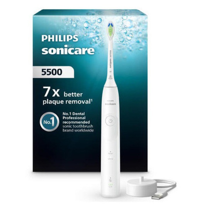 Електрическа четка за зъби Philips Sonicare HX7110/01, 62 000 движения/минута, 21-дневен живот на батерията, 2 режима на четкане, вграден сензор за натиск, функция BrushSync, глава на четката Optimal White, бяла