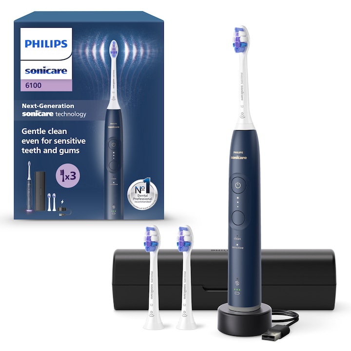 Електрическа четка за зъби Philips Sonicare HX7403/01, 62 000 движения/минута, 21-дневен живот на батерията, 2 режима на четкане, 3 интензитета, сензор за светлинен натиск, функция BrushSync, 3 чувствителни глави за четка, калъф за носене, син