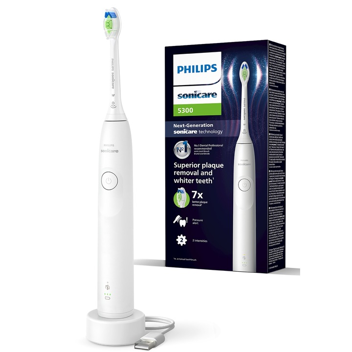 Електрическа четка за зъби Philips Sonicare HX7108/01, 62 000 движения/минута, 21-дневен живот на батерията, 1 режим на четкане, 2 интензитета, вграден сензор за натиск, функция BrushSync, включена глава за четка Optimal White, бяла