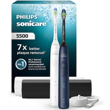 Set doua periute electrice Philips Sonicare HX7119/01, 62.000 miscari/minut, autonomie 21 zile, 2 moduri periere, 1 intensitate, senzor presiune integrat, functia BrushSync, 2x capete de periere Optimal White, 2x Toc de transport, alb-albastru