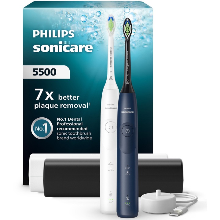 Set doua periute electrice Philips Sonicare HX7119/01, 62.000 miscari/minut, autonomie 21 zile, 2 moduri periere, 1 intensitate, senzor presiune integrat, functia BrushSync, 2x capete de periere Optimal White, 2x Toc de transport, alb-albastru