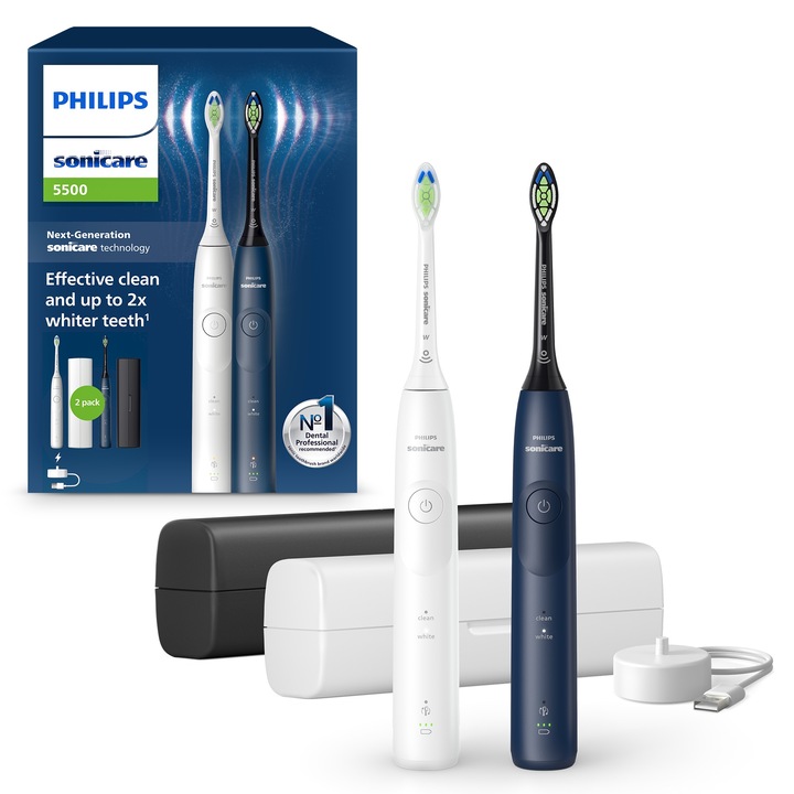 Комплект 2 електрически четки за зъби Philips Sonicare HX7119/01, 62 000 дв/мин, 21-дневен живот на батерията, 2 режима на миене, 2 интензитета, Функция BrushSync, 2x глави за четка Optimal White, 2x калъфа за носене, Бял/Син