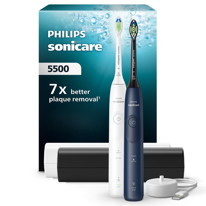 Set doua periute electrice Philips Sonicare HX7119/01, 62.000 miscari/minut, autonomie 21 zile, 2 moduri periere, 1 intensitate, senzor presiune integrat, functia BrushSync, 2x capete de periere Optimal White, 2x Toc de transport, alb-albastru