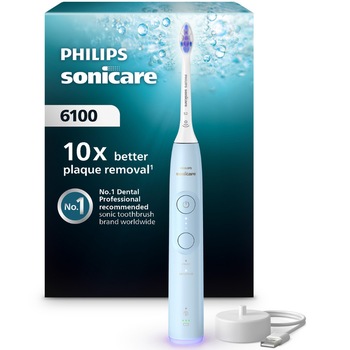 Periuta de dinti electrica Philips Sonicare HX7406/01, 62.000 miscari/minut, autonomie 21 zile, 2 moduri de periere, 3 intensitati, senzor presiune luminos, functia BrushSync, capat de periere Sensitive, bleu
