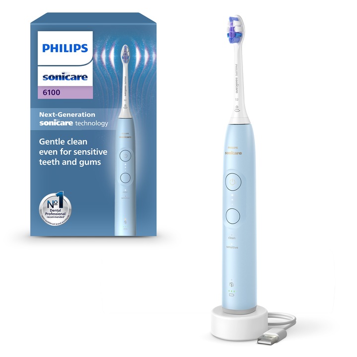 Електрическа четка за зъби Philips Sonicare HX7406/01, 62 000 движения/минута, 21-дневен живот на батерията, 2 режима на четкане, 3 интензитета, сензор за светлинен натиск, функция BrushSync, чувствителна глава на четката, син
