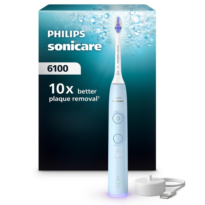 Periuta de dinti electrica Philips Sonicare HX7406/01, 62.000 miscari/minut, autonomie 21 zile, 2 moduri de periere, 3 intensitati, senzor presiune luminos, functia BrushSync, capat de periere Sensitive, bleu