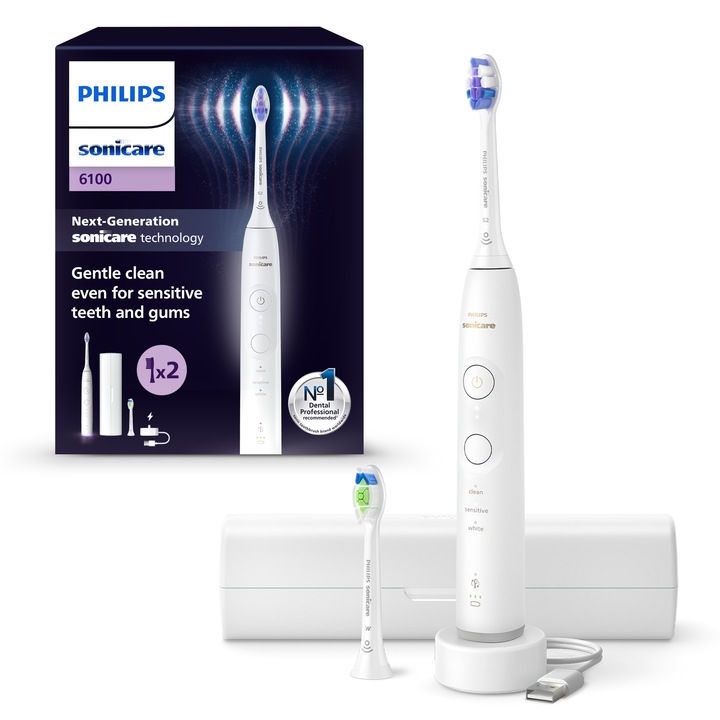 Електрическа четка за зъби Philips Sonicare HX7410/02, 62 000 движения/минута, Живот на батерията 21 дни, 3 режима на четкане, 3 интензитета, Сензор за светлинен натиск, Функция BrushSync, Бял