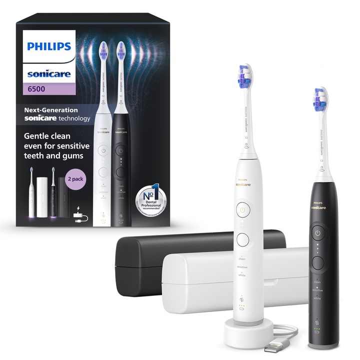 Комплект 2 електрически четки за зъби Philips Sonicare HX7419/01, 62 000 дв/мин, Автономия 21 дена, 3 режима, 3 интензитета, Сензор за светлинен натиск, Функция BrushSync, 2x чувствителни глави за четка, 2x калъфа за носене, Черен/Бял