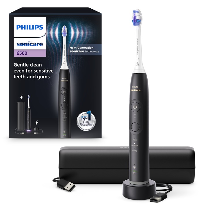 Електрическа четка за зъби Philips Sonicare HX7411/02, 62 000 движения/минута, 21-дневен живот на батерията, 3 режима на четкане, 3 интензитета, сензор за светлинен натиск, функция BrushSync, чувствителна глава на четката, калъф за носене, черен цвят