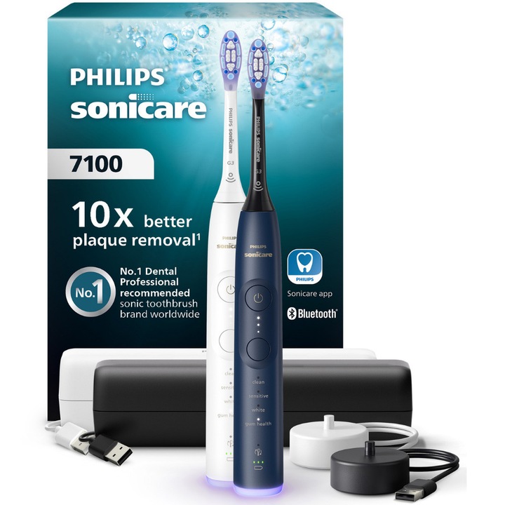 Комплект 2 електрически четки за зъби Philips Sonicare HX7429/01, 62 000 дв/мин, Автономия 21 дена, 4 режима на миене, 3 интензитета, Светлинен сензор за натиск, Функция BrushSync, 2x глава за четка GumCare, 2x калъф за носене, Бял/Син
