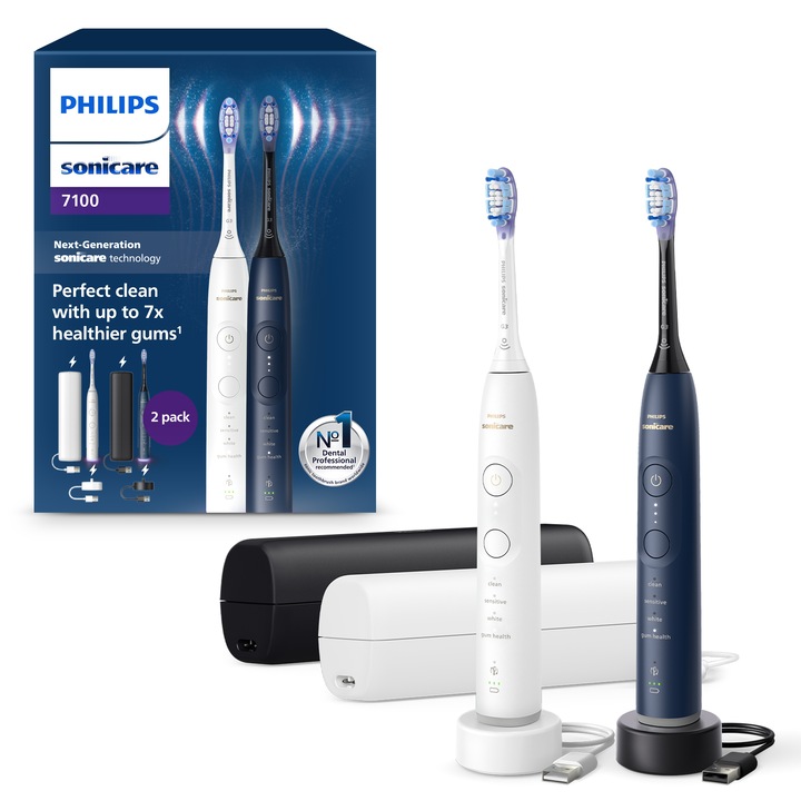 Комплект 2 електрически четки за зъби Philips Sonicare HX7429/01, 62 000 дв/мин, Автономия 21 дена, 4 режима на миене, 3 интензитета, Светлинен сензор за натиск, Функция BrushSync, 2x глава за четка GumCare, 2x калъф за носене, Бял/Син