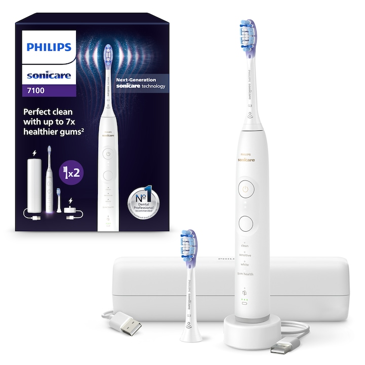 Електрическа четка за зъби Philips Sonicare HX7420/02, 62 000 дв/мин, Автономност 21 дена, 4 режима, 3 интензитета, Сензор за натиск, Функция BrushSync, 2x глави за четка GumCare, Калъф за зареждане, Бял