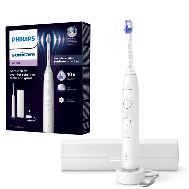 Електрическа четка за зъби Philips Sonicare HX7400/06, 62 000 движения/минута, 21-дневен живот на батерията, 2 режима на четкане, 3 интензитета, сензор за светлинен натиск, функция BrushSync, чувствителна глава на четката, калъф за носене, бяла