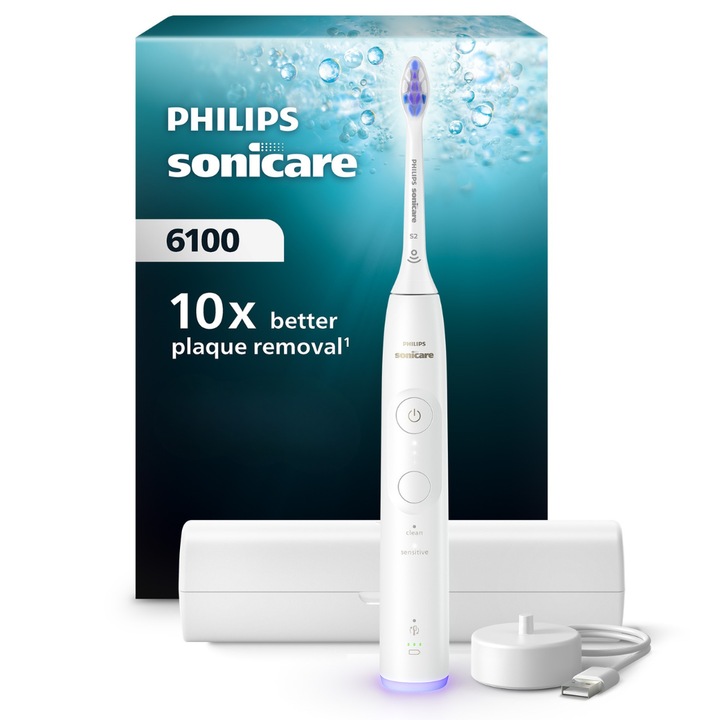 Periuta de dinti electrica Philips Sonicare HX7400/06, 62.000 miscari/minut, autonomie 21 zile, 2 moduri de periere, 3 intensitati, senzor presiune luminos, functia BrushSync, capat de periere Sensitive, toc transport, alb