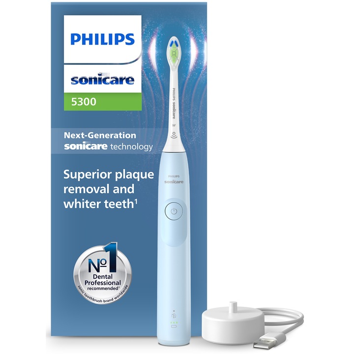 Електрическа четка за зъби Philips Sonicare HX7106/01, 62 000 движения/минута; 21-дневен живот на батерията, 1 режим на четкане, 2 интензитета, вграден сензор за натиск, функция BrushSync, глава на четката Optimal White, индикатор за батерията, син цвят