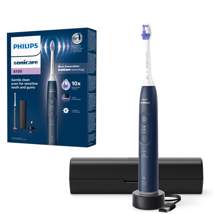 Електрическа четка за зъби Philips Sonicare HX7403/05, 62.000 дв/мин, Автономност 21 дни, 2 режима на миене, 3 интензитета, Светлинен сензор за натиск, Функция BrushSync, Чувствителен накрайник, Калъф за пътуване, Син