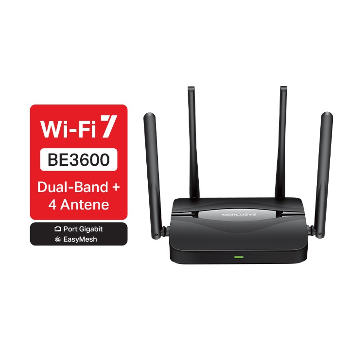 Безжичен рутер Mercusys MR25BE, BE3600, двубандов, Wi-Fi 7, MLO, 2 x 2.5Gbps + 2 x 1 Gbps, съвместим с EasyMesh