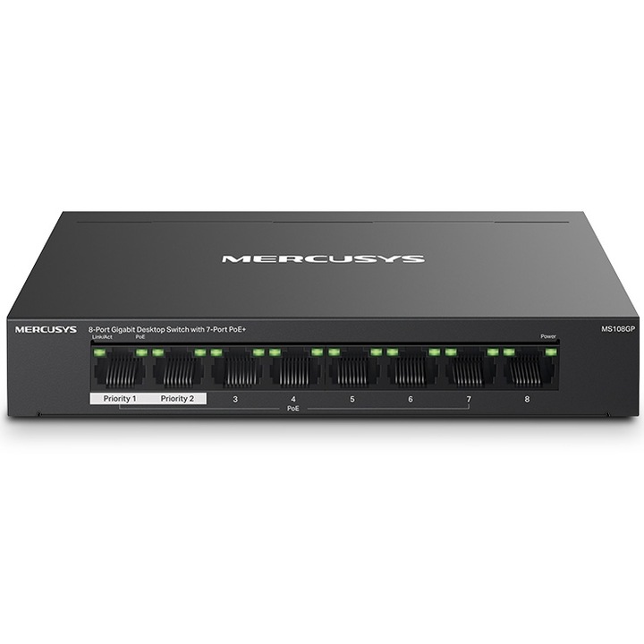 Switch PoE Mercusys Desktop, MS108GP, 8 porturi Gigabit, din care 7 porturi PoE 65W buget PoE