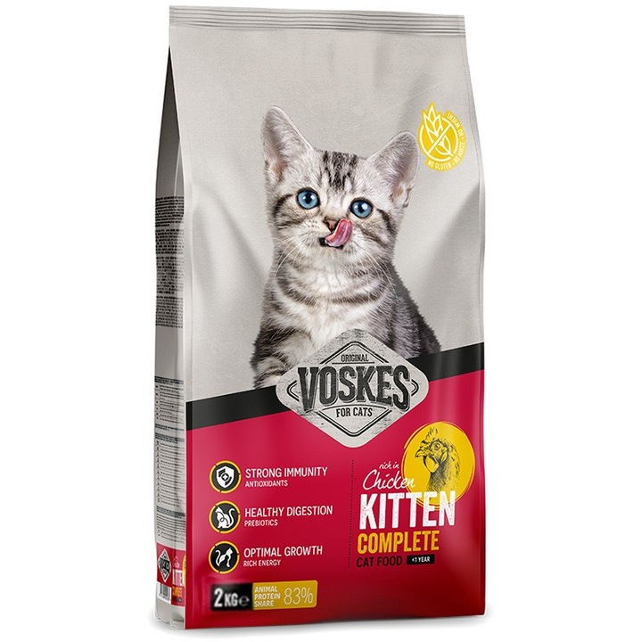 Hrana pentru pui de pisica, Voskes Kitten Chicken, uscata, cu pui, 2 kg