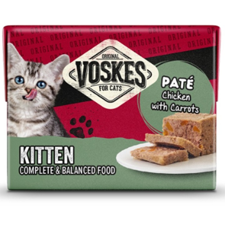 Pateu pentru pui de pisica, Voskes Kitten Paté Chicken & Carrots, cu pui si morcovi, 85 g