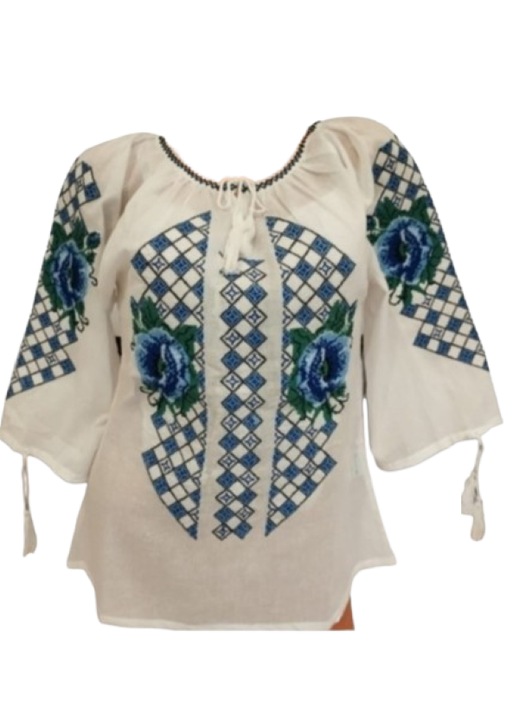 Ie dama, traditionala, bumbac, Alb-albastru