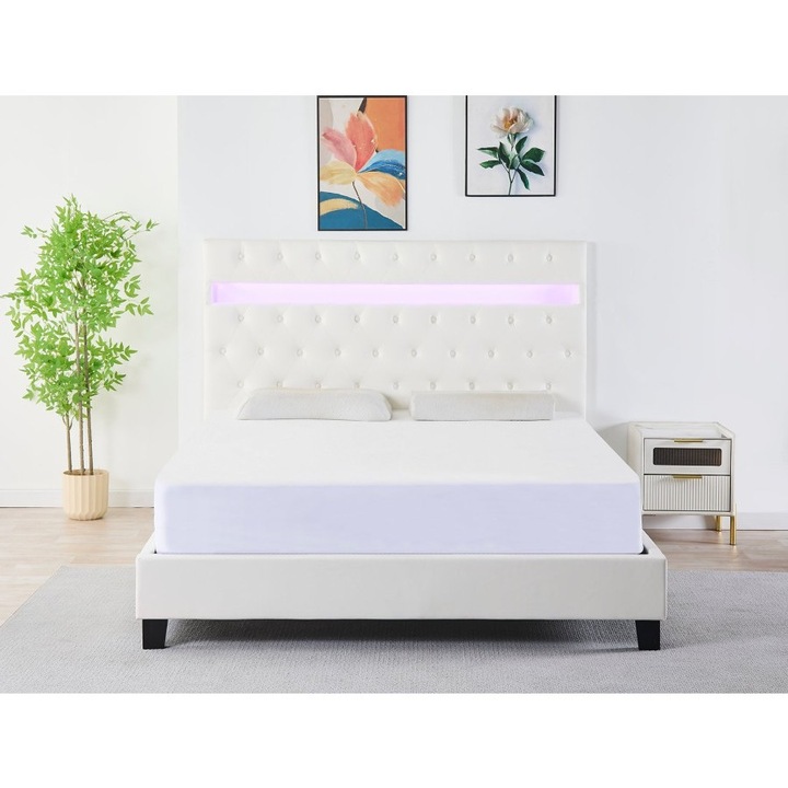 Pat Tapitat CU LED Piele Sintetica Alb Cod FB-18 160x200 cm, Somiera + Saltea 160x200