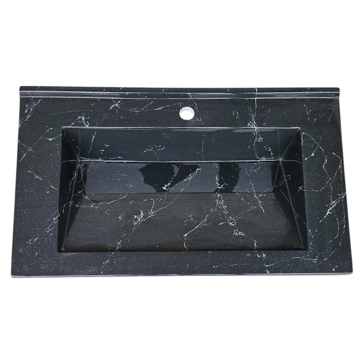 Lavoar(chiuveta) baie compozit granit, cu sifon ascuns, HouseXL LuxMarble, 61x47 cm, montaj pe blat sau masca, antibacterian, aspect marmurat, Gri antracit cu insertii de marmura alba