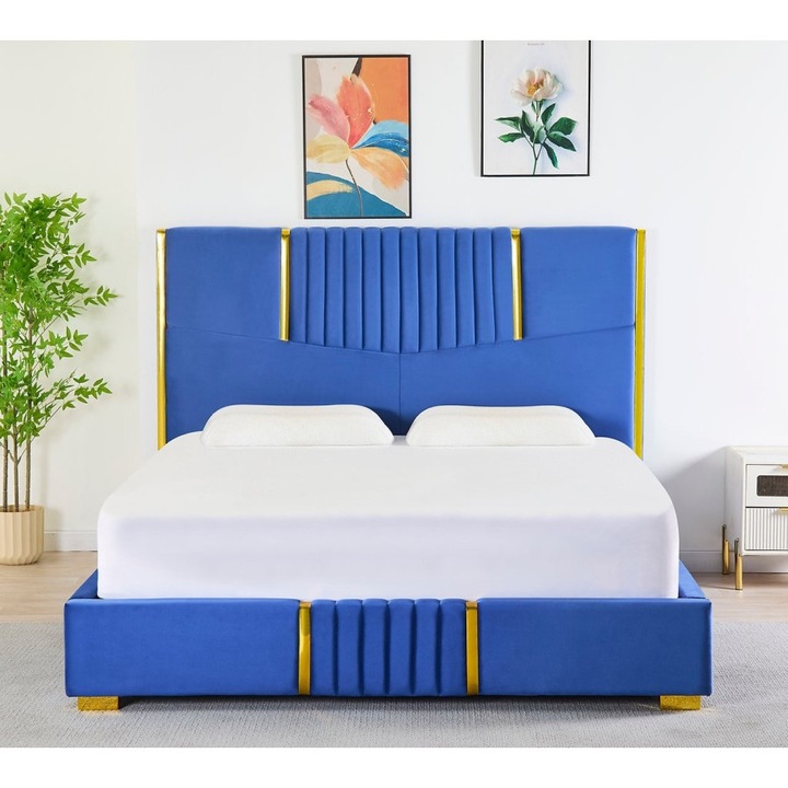 Pat Tapitat Catifea Albastru Cod LB-215 160x200 cm, Somiera + Saltea 160x200