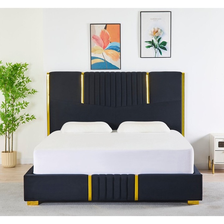 Pat Tapitat Catifea Negru Cod LB-215 160x200 cm, Somiera + Saltea 160x200