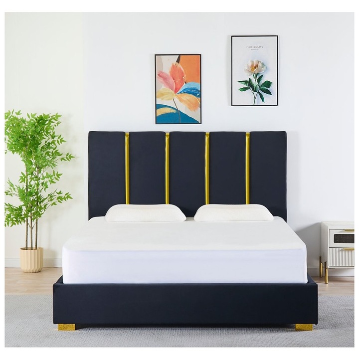 Pat Tapitat Catifea Negru Cod LB-214 160x200 cm, Somiera + Saltea 160x200