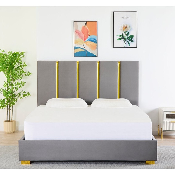 Pat Tapitat Catifea Gri Petrol Cod LB-214 160x200 cm, Somiera + Saltea 160x200