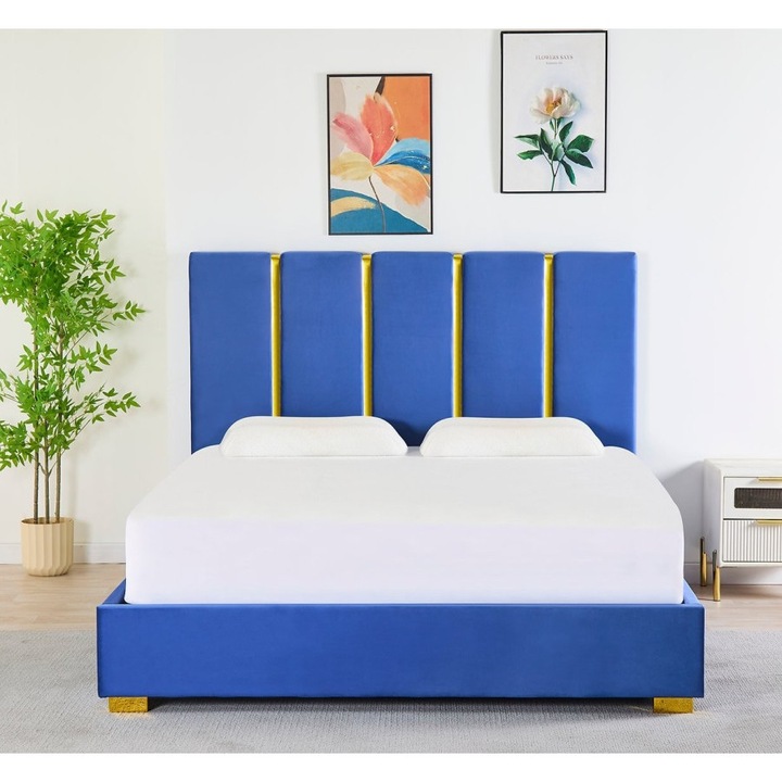 Pat Tapitat Catifea Albastru Cod LB-214 160x200 cm, Somiera + Saltea 160x200