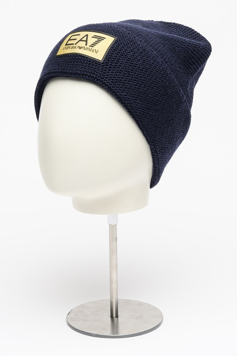 EA7, Плетена шапка с вълна с пришито лого, Ултрамарин синьо/Бледожълт, 58 CM