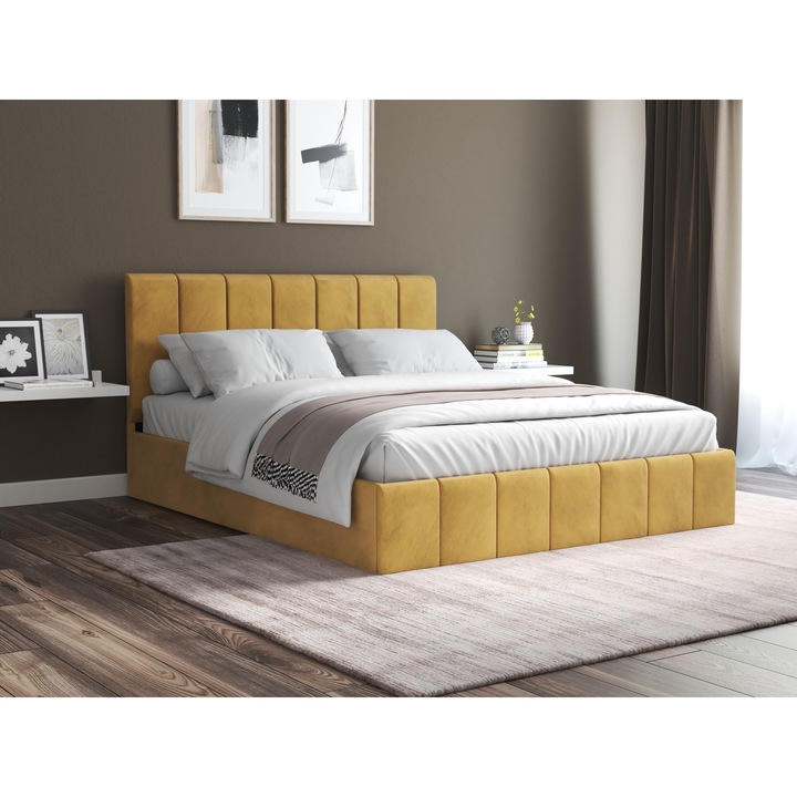 Pat Cozy, 140x200 cm, galben, suport saltea din PAL