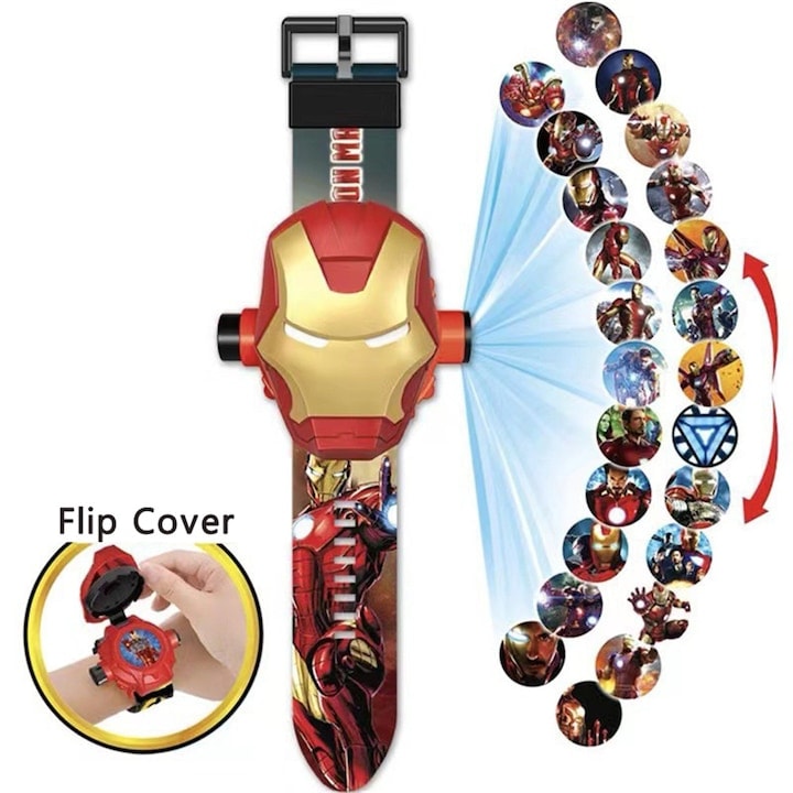 Детски часовник с проектор и дигитален дисплей, 24 аниме изображения, червен/златист