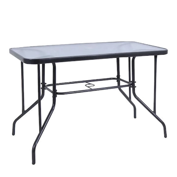 Masa Metalica de Gradina cu Suprafata din Sticla & Spatiu pentru Umbrela 120x70x70cm
