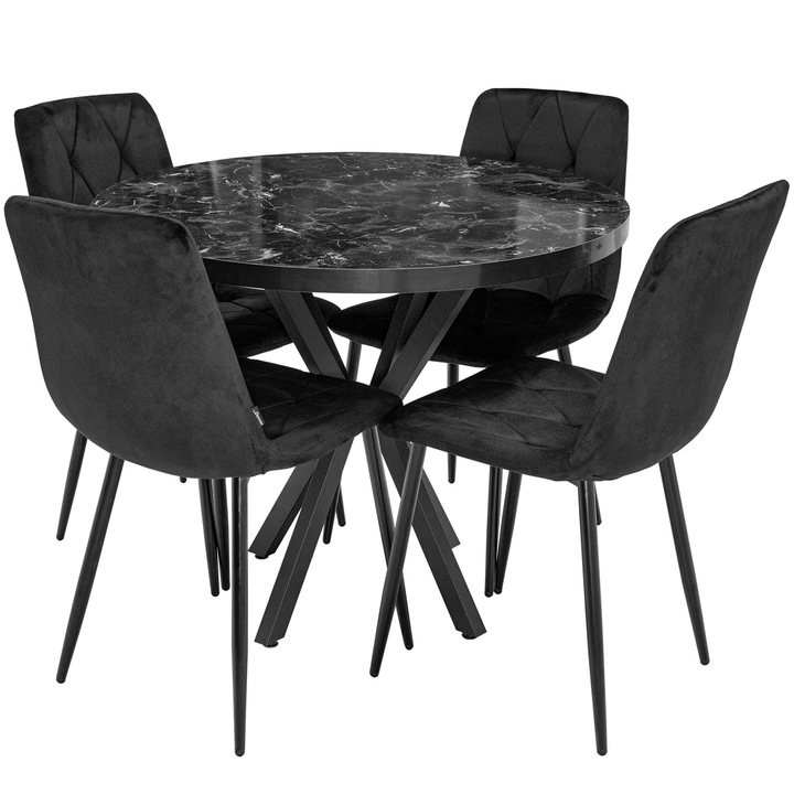Set masa Hamburg Black Marble cu 4 scaune Kobe negru, DENVER, picioare metalice negre, forma rotunda, 90x73 cm