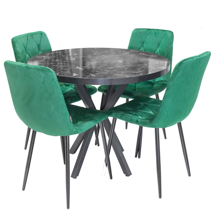 Set masa Hamburg Black Marble cu 4 scaune Kobe verde, picioare metalice negre, rotund, 90x73 cm, DENVER