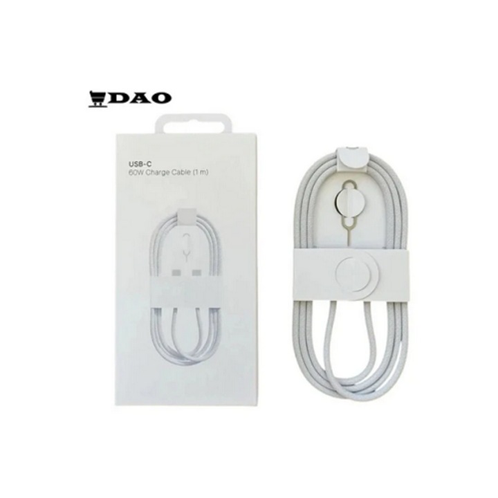 DAO töltő-/adatkábel, kompatibilis az Apple TYPE C készülékkel - TYPE C, gyorstöltés, fehér, vászon, SIM-kulcs mellékelve