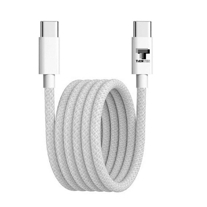 Cablu de incarcare si transfer de date USB-C 60W, TIENTEN, incarcare rapida, 3A, USB-C la USB-C, 1m, alb