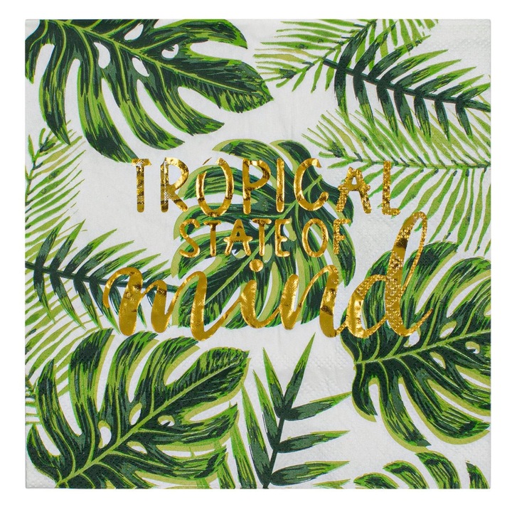 Двуслойни Зелени Салфетки за Маса с Тропически Листа от Фолио 33x33cm - 12бр