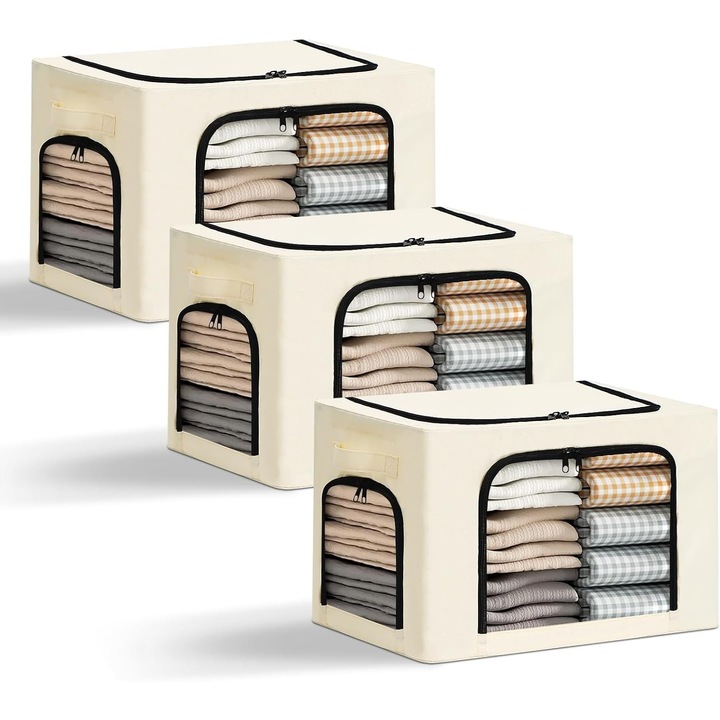 Cutie de Depozitare, OEM, cu 3 Ferestre cu Fermoar Bidirectional, Cadru din Otel, Impermeabil, 38L, 42 x 30 x 30 cm, Bej