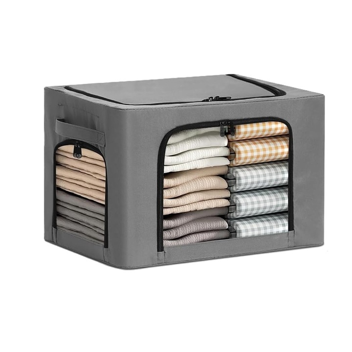 Cutie de Depozitare, Cyrax, cu 3 Ferestre cu Fermoar Bidirectional, Cadru din Otel, Impermeabil, 38L, 42 x 30 x 30 cm, Gri Inchis