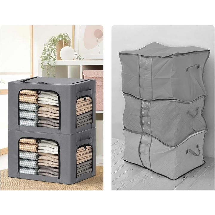Cutie de Depozitare, OEM, cu 3 Ferestre cu Fermoar Bidirectional, Cadru din Otel, Impermeabil, 38L, 42 x 30 x 30 cm, Gri Inchis