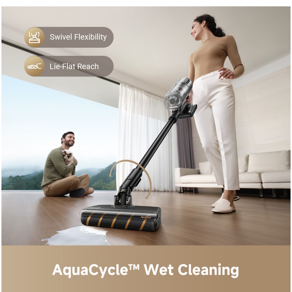 Aspirator vertical Dreame Z30 AquaCycle VZV77B, 28000Pa, 310AW, HEPA H14 99,99%, autonomie 90 min, baterie 3200mAh, rezervor 0,6L, perie umeda motorizat, perii CelesTect™ cu iluminare, perie anti-incurcare, LCD, negru-gri