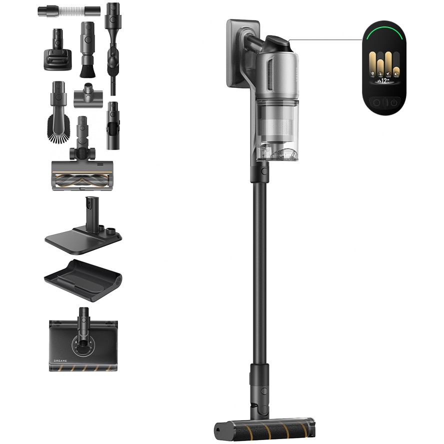 Aspirator vertical Dreame Z30 AquaCycle VZV77B, 28000Pa, 310AW, HEPA H14 99,99%, autonomie 90 min, baterie 3200mAh, rezervor 0,6L, perie umeda motorizat, perii CelesTect™ cu iluminare, perie anti-incurcare, LCD, negru-gri