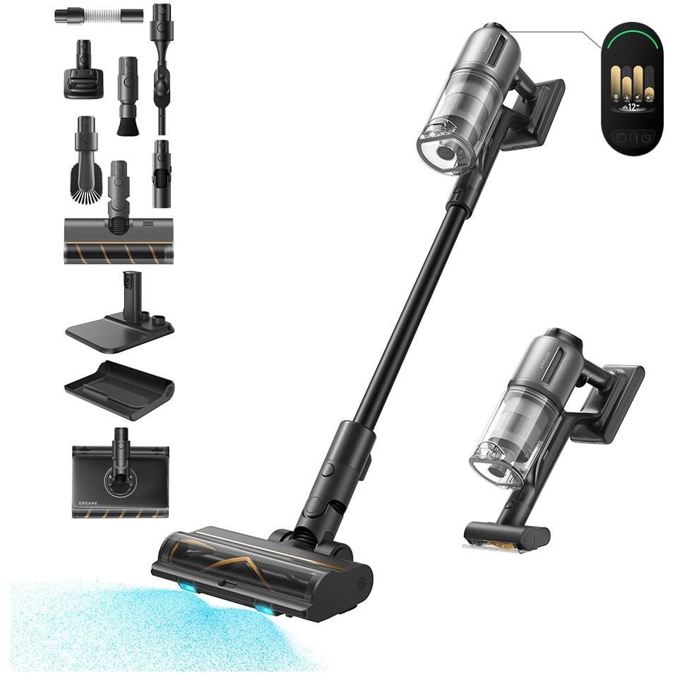 Aspirator vertical Dreame Z30 AquaCycle VZV77B, 28000Pa, 310AW, HEPA H14 99,99%, autonomie 90 min, baterie 3200mAh, rezervor 0,6L, perie umeda motorizat, perii CelesTect™ cu iluminare, perie anti-incurcare, LCD, negru-gri